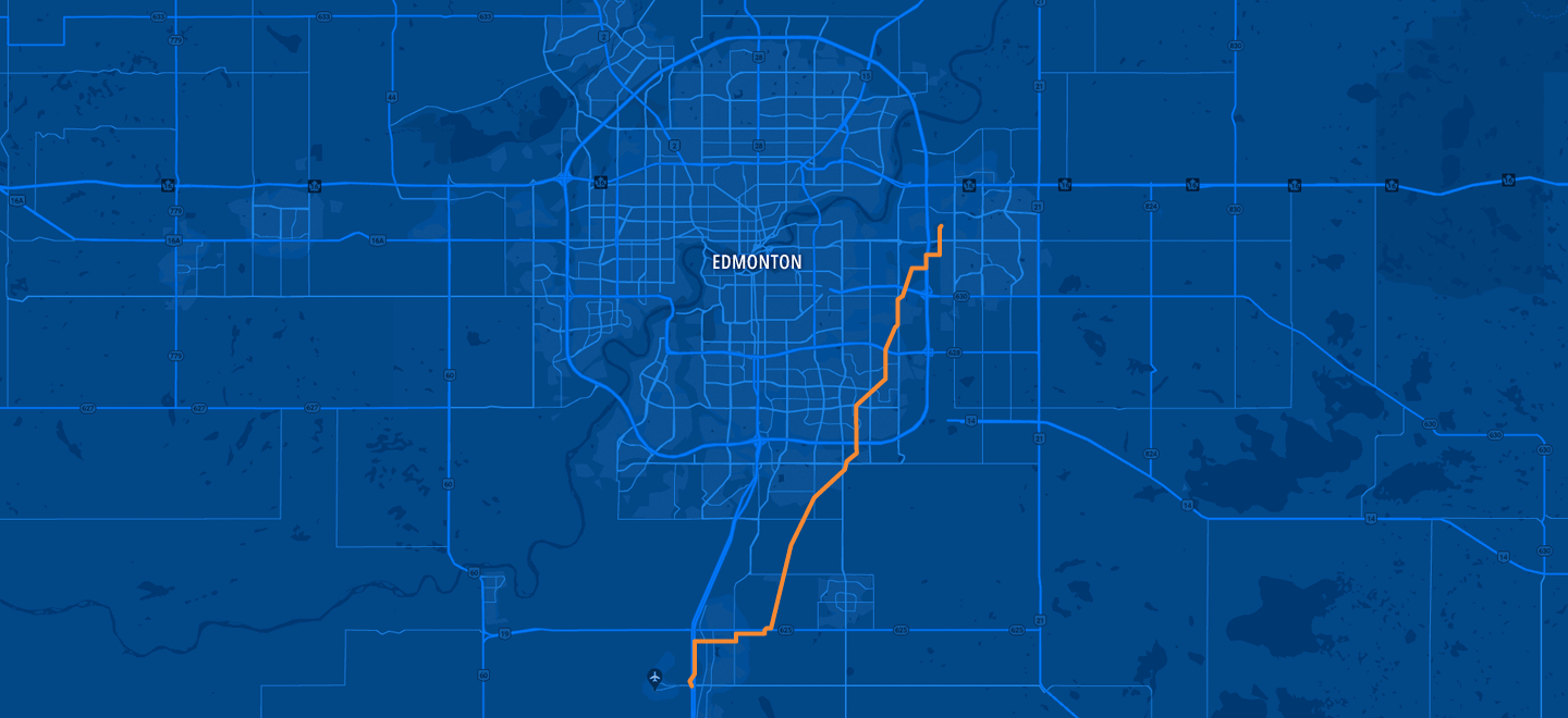 Une carte de la région d'Edmonton montrant le tracé du pipeline commençant à Sherwood Park juste à l'est et Anthony Hendy, se déplaçant vers le sud-ouest en direction de la route Queen Elizabeth II qu'il rejoint juste au sud de 625.